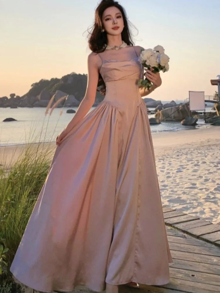 LBSFY -Women's Vintage Elegant Party Dresses Summer Fashion 2025 New Solid Pleated A-Line Slim Sling Dress French Beach Holiday Vestido