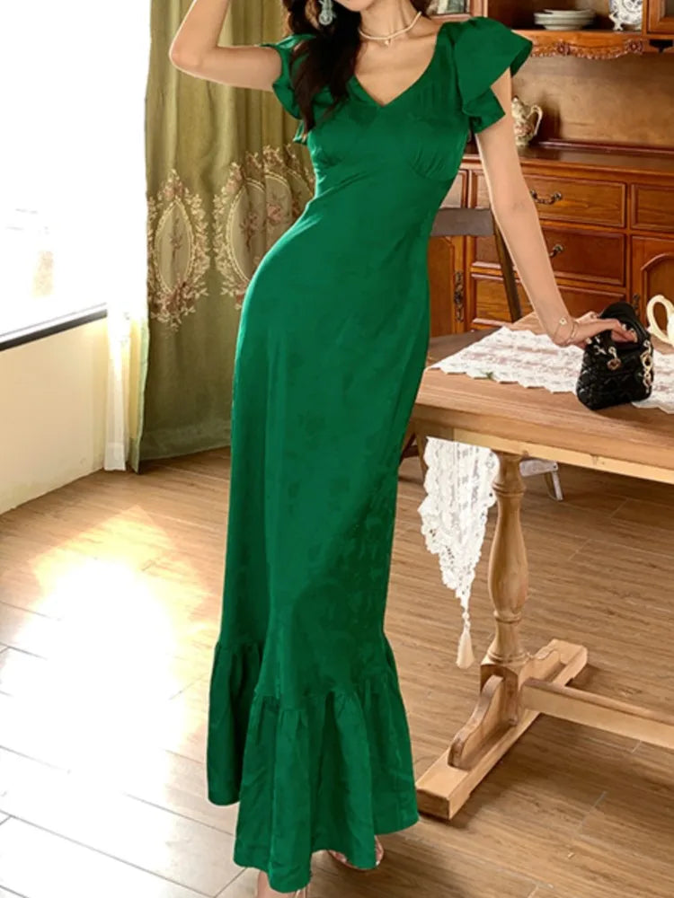 LBSFY -Summer French Vintage Ruffles Satin Women's Long Dresses Green Waist Print V-Neck Flying Sleeves Dress Fashion New Vestidos