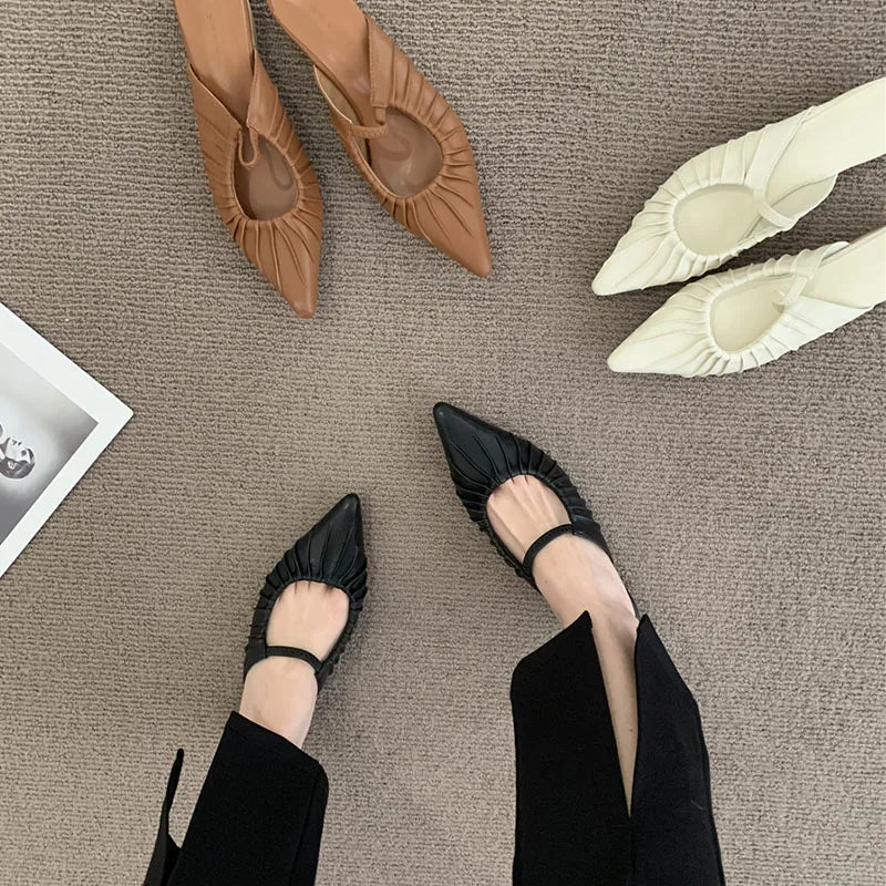 LBSFY  -  Spring Women Sandal Brown Shoes Pointed Toe Ankle Strap Thin Low Heel Pumps Shoes Fashion Pleated Shallow Elegant Mules