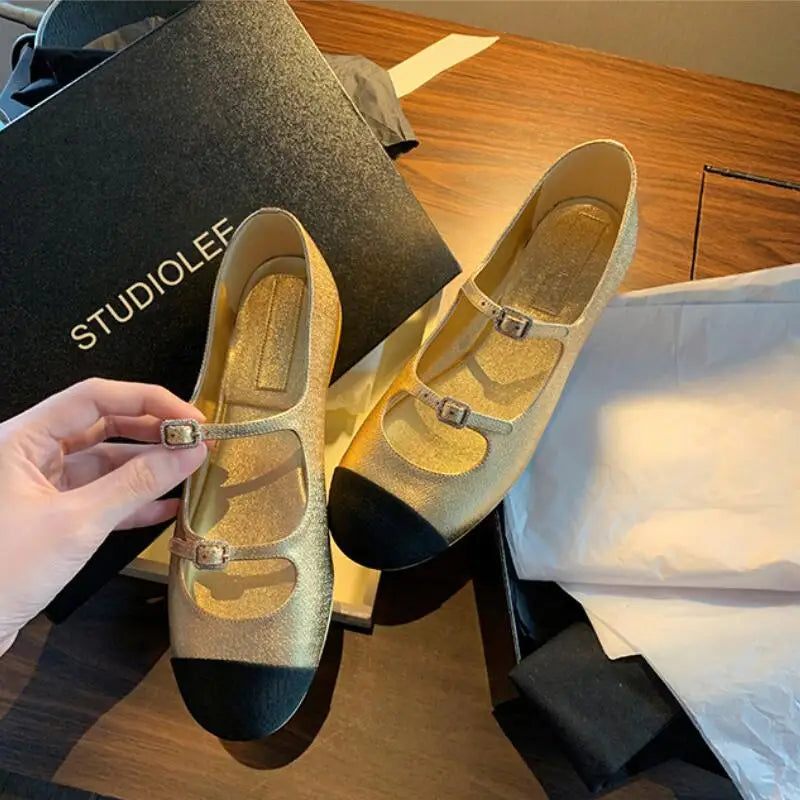 LBSFY  -  Designer Round Toe Mary Janes Women Buckle Ballets Shoes Ladies Mixe Color Ballerina Flats Party Wedding Loafers Shoes