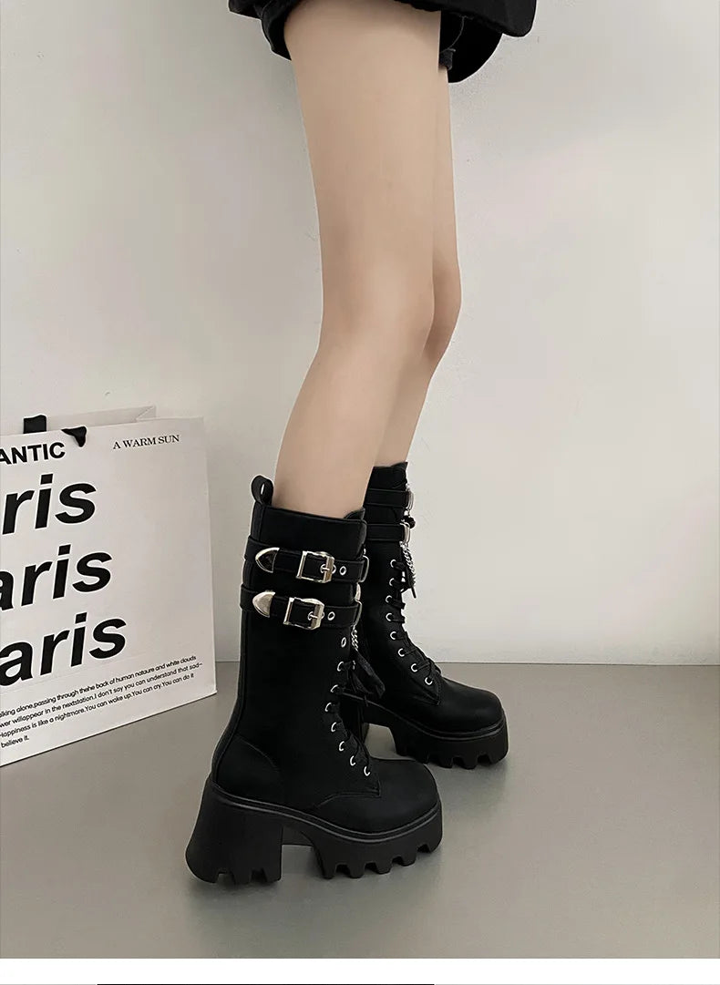 LBSFY -Women's Punk Gothic Boots 2025 Fashion Buckle Chain High Heels Mid Calf Boots Women Black Pu Leather Plus Size 42 Autumn Botas