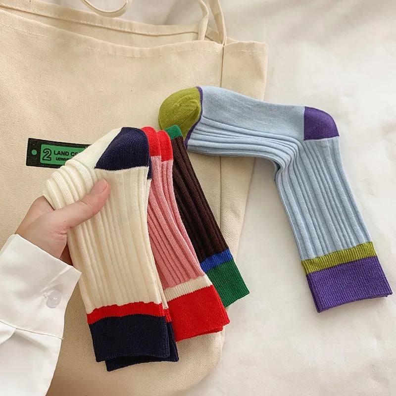 Lbsfy Fashionable Colorblocking Middle Tube Socks Girls Color Contrast Crew Sock Ins Popular Women's Socks Trendy Long Socks Woman