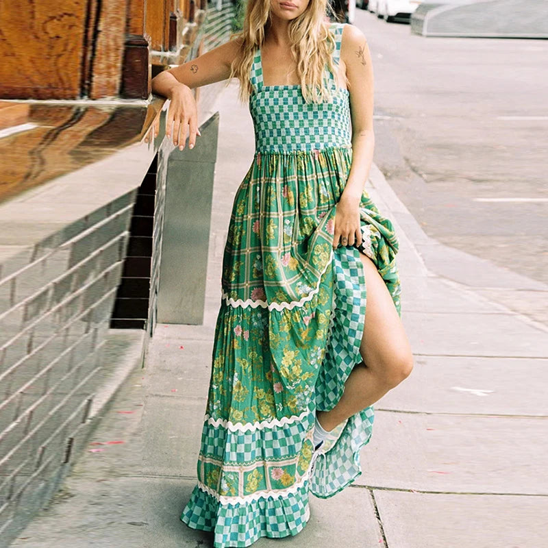 LBSFY  -  Women High Waist Pleated Long Dress 2024 Summer Floral Print Bohemian Vacation Dress Ladies Fashion Strap Sleeveless Maxi Dress