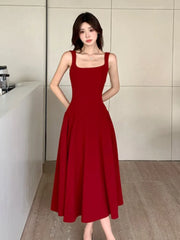 LBSFY -Vintage Elegant French Spaghetti Strap Women's Dresses Square Collar Sleeveless A-Line Wedding Party Dress Female Prom Vestidos