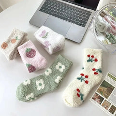 Lbsfy Women Socks Kawaii Cute Strawberry Cherry Flowers Winter Thicken Warm Soft Coral Fleece Thermal Homewear Floor Sleeping Socks