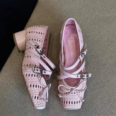 LBSFY -Square Toe, Thick Heel High Heels, Butterfly Bow, Mary Jane Shoes, Women's Hollow Out, Breathable, Mid Heel, High-heeled Sandals