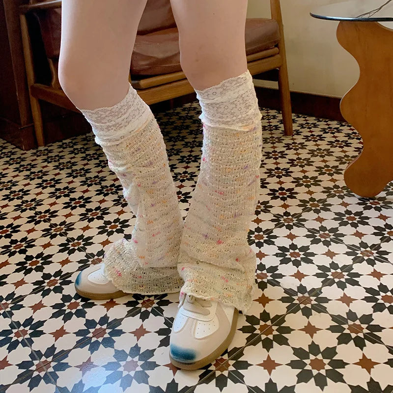 Lbsfy Y2k Rainbow Patchwork Lace Leg Socks Mesh Patchwork Wide Leg Warmers Japanese Harajuku Mid Tube Socks Sexy Flare Leg Covers
