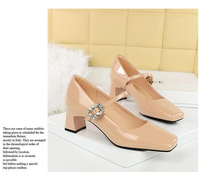LBSFY -Banquet Mary Jane Women Single Shoes Square Toe Light Mouth Patent Leather One-Striped Rhinestone Buckle Thick Heel Medium Heel