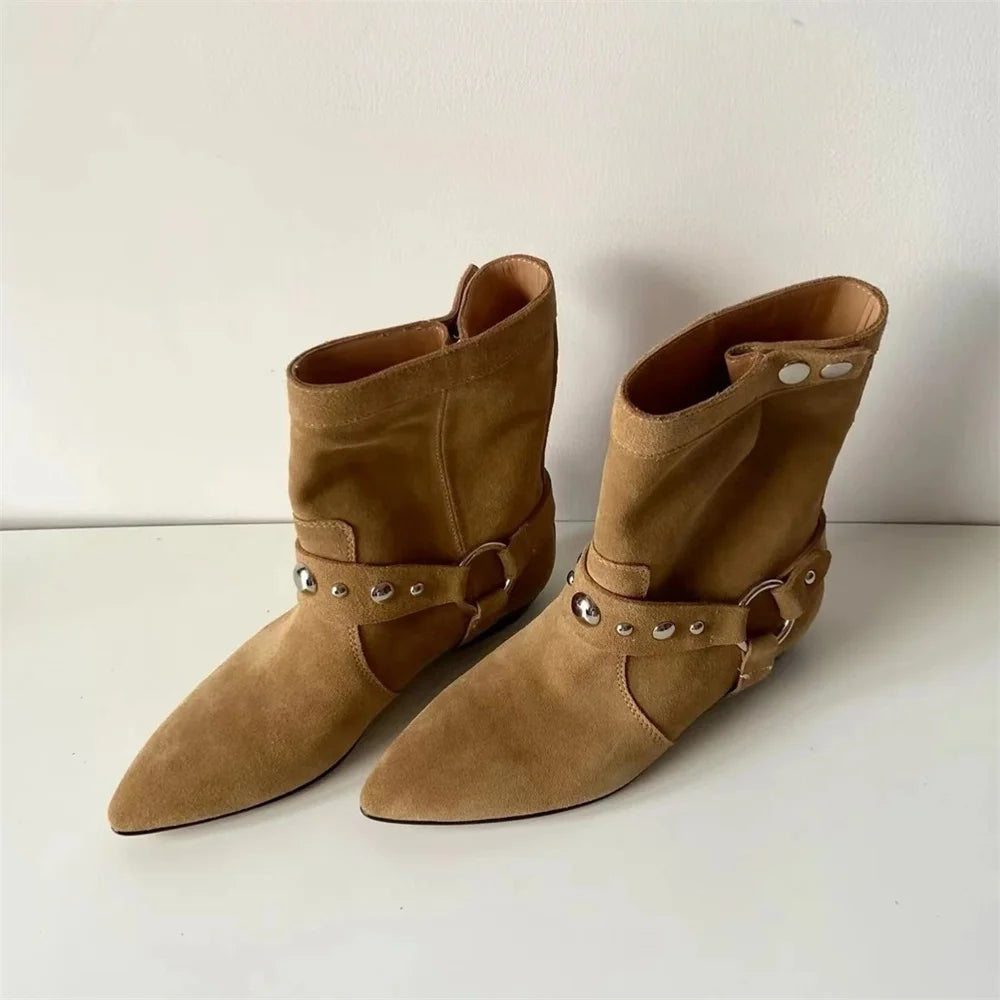 LBSFY  -  New Women Leather Ankle Boots Thick Low Heels Pointed Toe Western Cowboy Boots  Warm Autumn Winter Short Shoes Woman