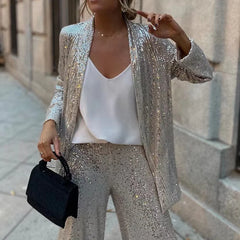 LBSFY  -  Chic Sequins Sparkle Party Club Outfit Women Glitter Temperament Set Elegant Long Sleeve Office Blazer&High Waist Long Pant Suit