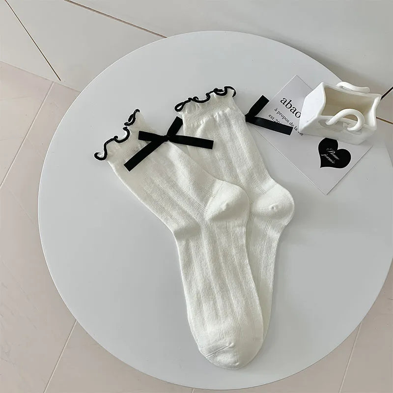Lbsfy Lolita Sweet Style Ruffle Socks Women's Summer Thin Midtube Short Sock Bow Stockings Korean Street Fashion Calcetines Girls Gift