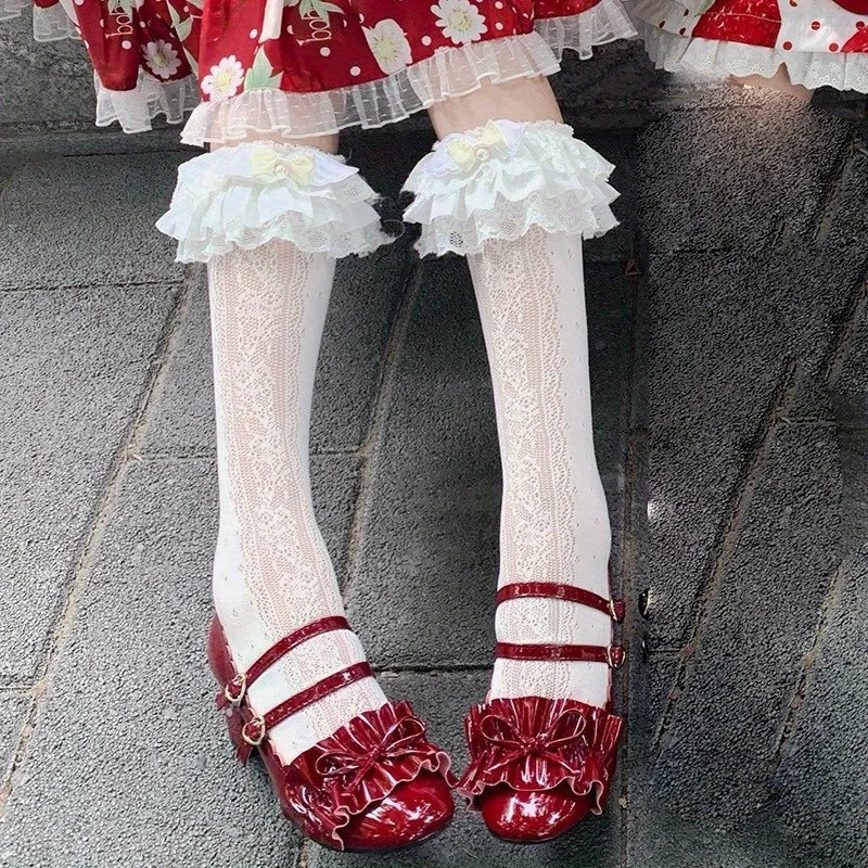 Lbsfy 1 pair of lolita milk white lace knee socks sweet bow long cotton socks jk white silk calf socks Lolita ladies socks