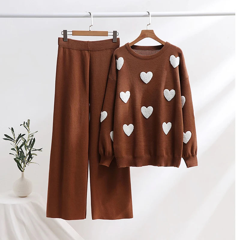 LBSFY  -  Fashion Two Piece Sets For Women Winter Heart Print Casual Outfit 2025 Autumn New Round Neck Long Sleeve Blouses Top&Pant Suit