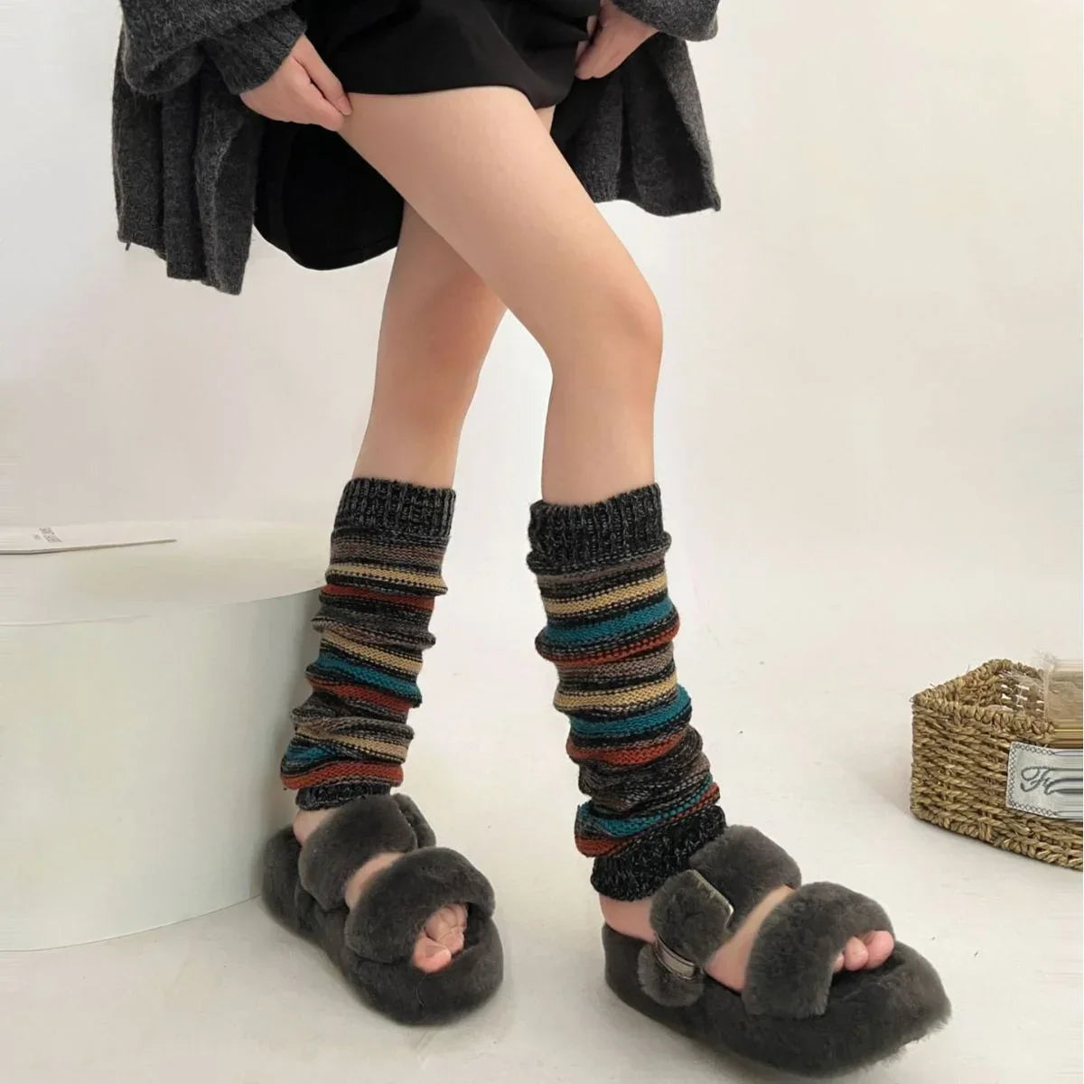 Lbsfy Women Autumn Winter Leg Warmers Warm Knitted Foot Cover Knee Socks JK Girl Lolita Striped Long Socks Stockings Women Leg Warmers