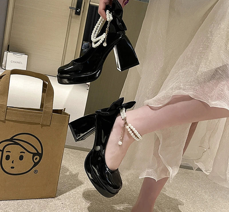 LBSFY  Butterfly-knot Women Mary Jane Shoes Spring Autumn Stripper Party Shoes Laides Elegant Platform Thick Heel Shoes