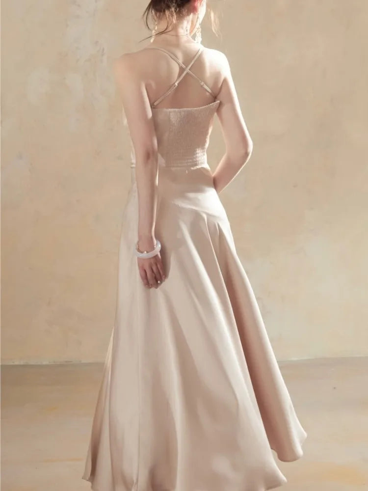 LBSFY -Women Sexy Party Elegant Pleated Dress 2025 French New Fashion Vacation Evening Solid Satin Split Sleeveless Long Dress Summer