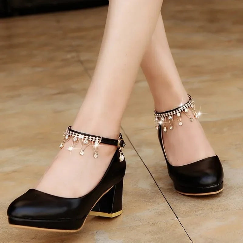 LBSFY -Women Elegant 6cm High Heels Lady Fashion Crystal Ankle Strap Thick Heeled Pumps Autumn 2024 Wedding Bridal Luxury Party Shoes