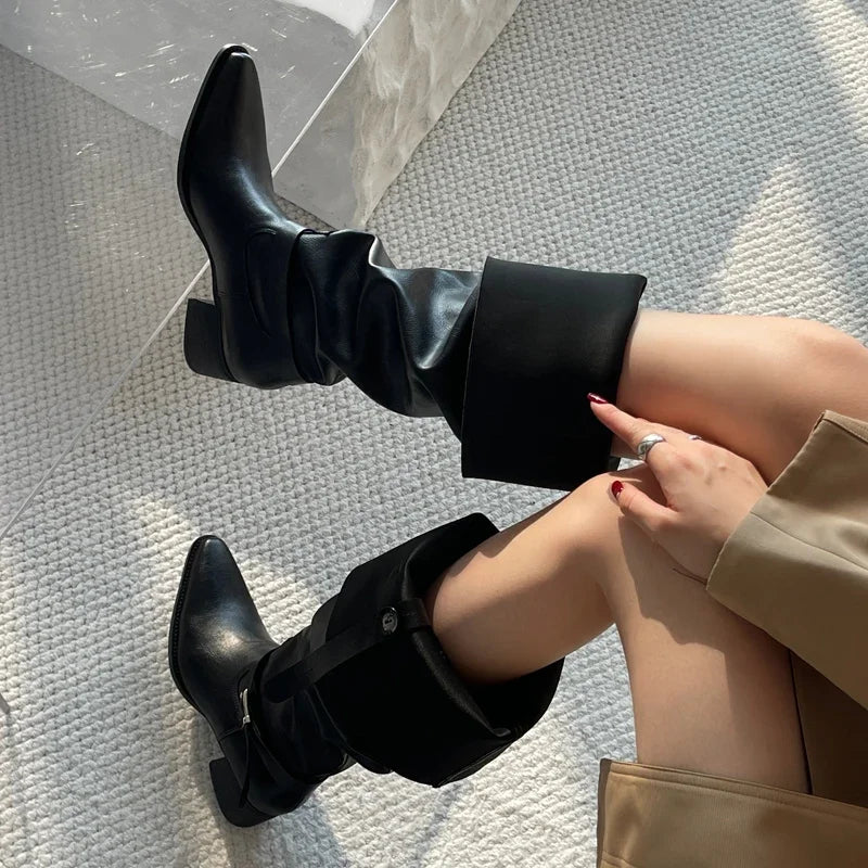 LBSFY -Winter Punk Style Women Knee-High Boots Designer Square Heels Buckle Strap Shoes Ladies Booties Zapatillas De Mujer