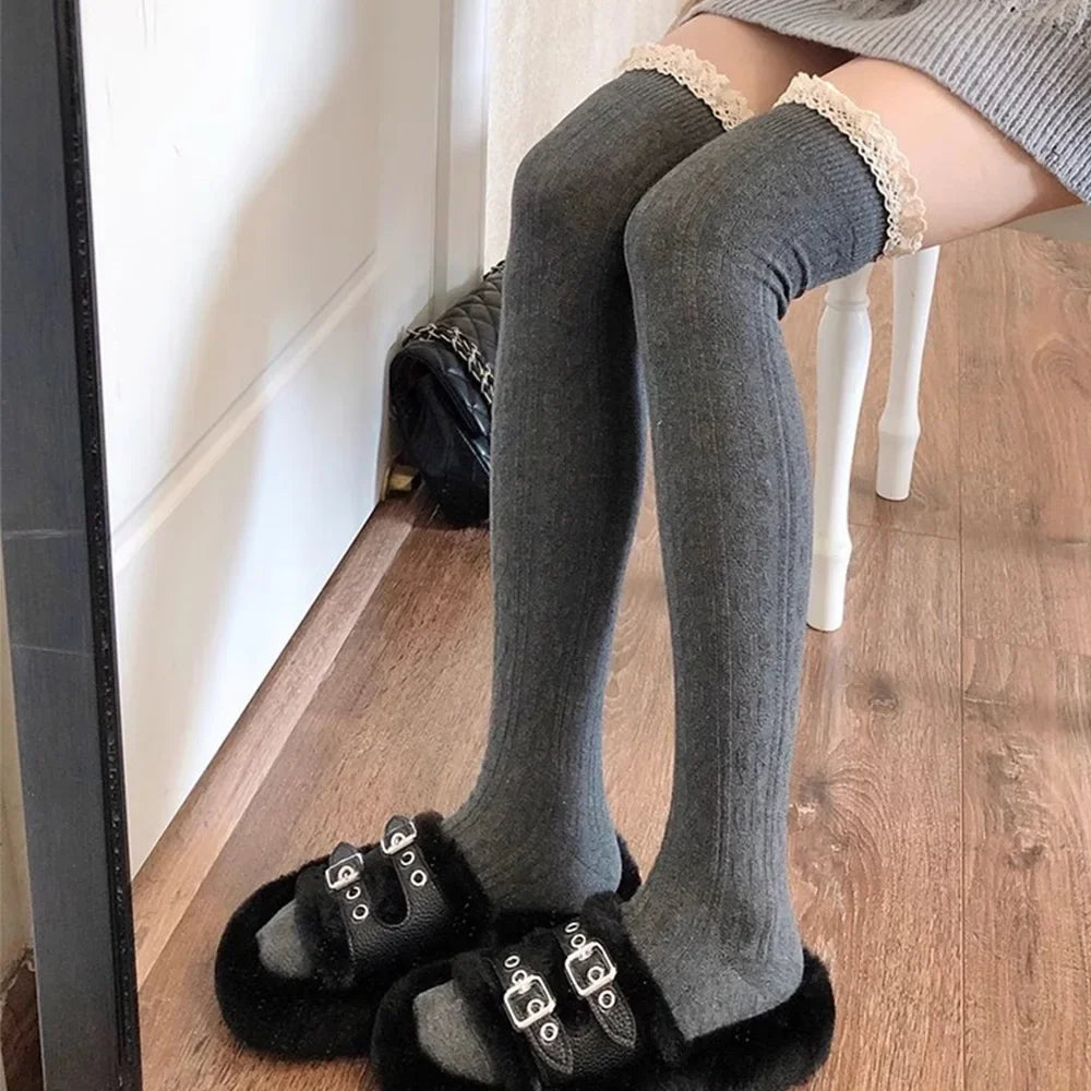 Lbsfy Lolita Lace Up Long Knee Socks for Women Over Knee Thigh High Stockings Spring Autumn Fashion Girls Warm Sexy Cotton JK Tights