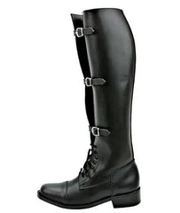 LBSFY  -  Men's Fashion Brown Black Coffee Solid Color Round Toe Belt Buckles Lace Up Flat Knee High Boots Male Cross Tied Motorcycle Shoe