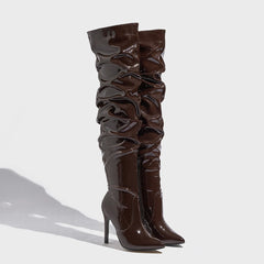 LBSFY -Fashion Women's Pointed-toe Leather Fashion High-heeled Boot Knee-length Boots Over Knee Boots Brown Fashion Personality Boots