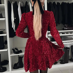 LBSFY  -  Luxury Glitter High Waist Party Dress Festival Temperament Long Sleeve Mini Dress Lady Elegant Square Collar Club Sequins Dress