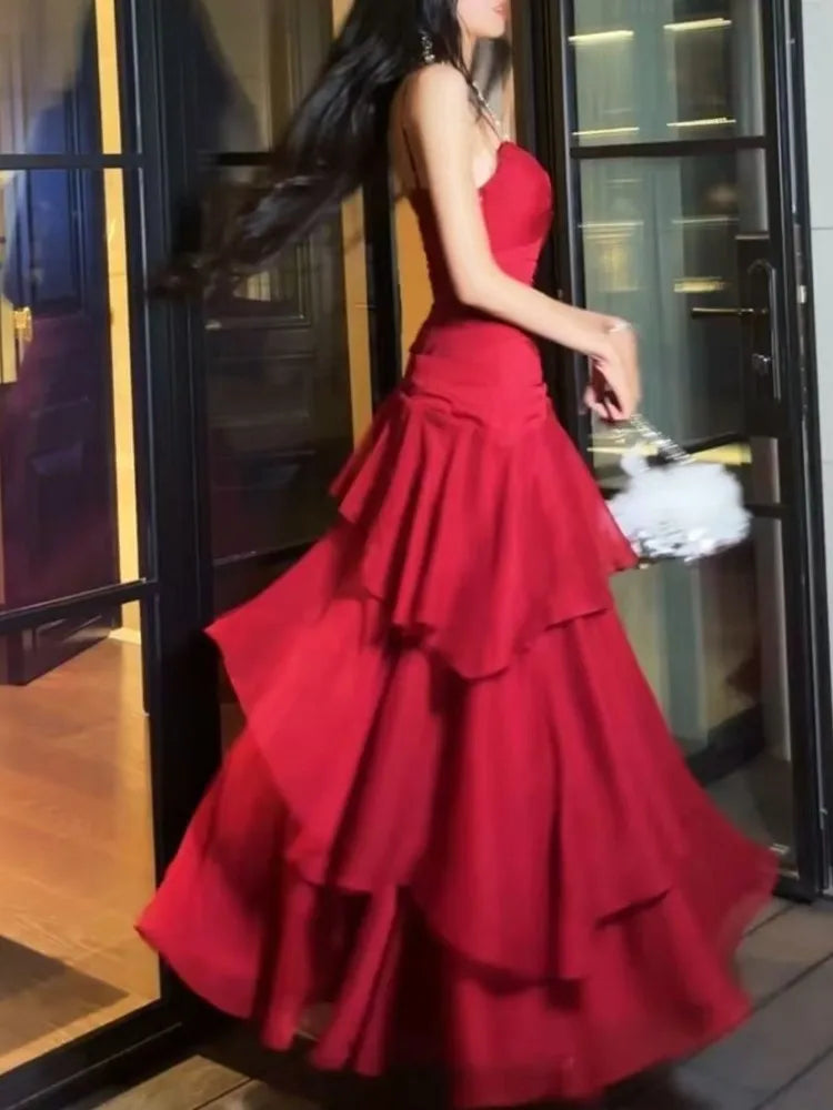 LBSFY -Fashion Elegant Ruffles Spaghetti Strap Women's Dresses Slim Waist Wedding Graduation Party Vacation Tiered Midi Dress Summer