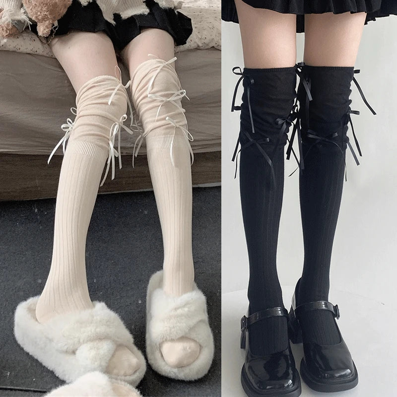 Lbsfy Lolita Long Socks Women Bandage Ribbon Bow Sweet Girls Kawaii Cute Middle Tube Socks Ballet Style Solid Color Black White Socks