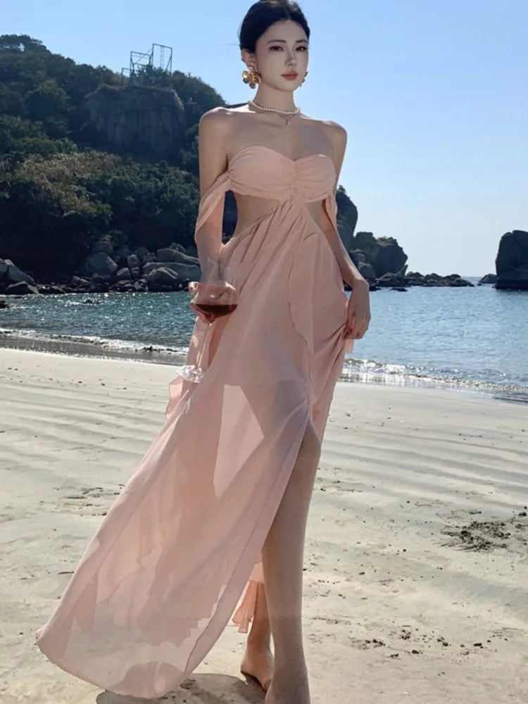 LBSFY -Summer Spring Strapless Womens Dresses Elegant Backless Irregular Ruffles Birthday Party Dress Holiday Beach Vestidos Mujer New