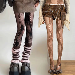 Lbsfy Y2K Floral Jacquard Sexy Stockings Women Gothic Punk Black Fishnet Pantyhose Harajuku Lolita Irregular Rose Holes Mesh Tights