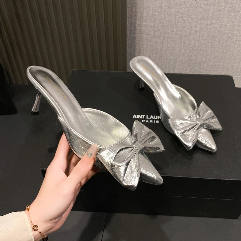 LBSFY -New Bow Women Mules Shoes Pointed Toe High Heels Slippers New Party Sandals Luxury Sexy Woman Brand Party Pumps Zapatos
