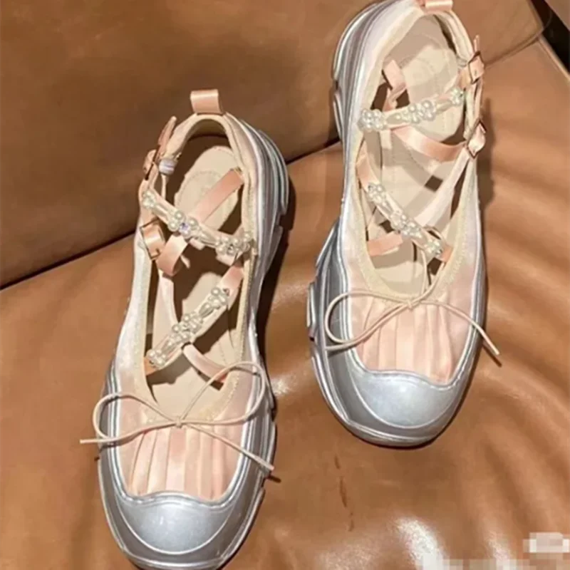 Lbsfy String Bead Butterfly-Knot Breathable Women Sneakers Lace-Up Thick Bottom Hand-made Ladies Shoes Casual Fashion Tenis De Mujer