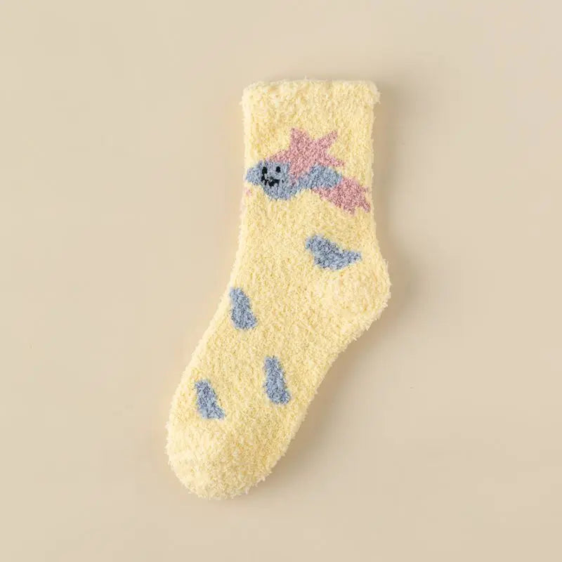 Lbsfy Socks Women Winter Warm Fluffy Fuzzy Cute Middle Tube Thick Thermal Soft Coral Fleece Floor Sleep Cartoon Star Short Crew Socks