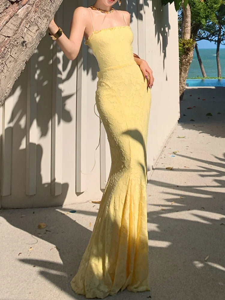 LBSFY -Women's Sexy Elegant Bodycon Party Dress Summer Yellow Lace-up Evening Spaghetti Strap Dresses 2025 New Chic Beach Holiday Robe