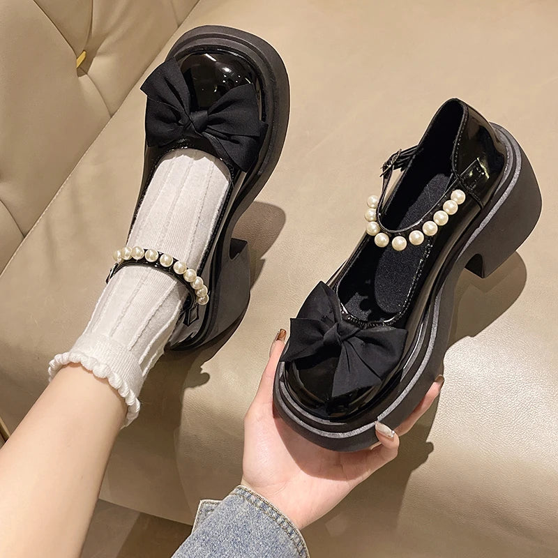 LBSFY -Fashionable Mary Jane Women's Shoes Thick Soles and Heightening Spring New Sweet Bow Shallow Mouth Buckle High-heeled Shoes