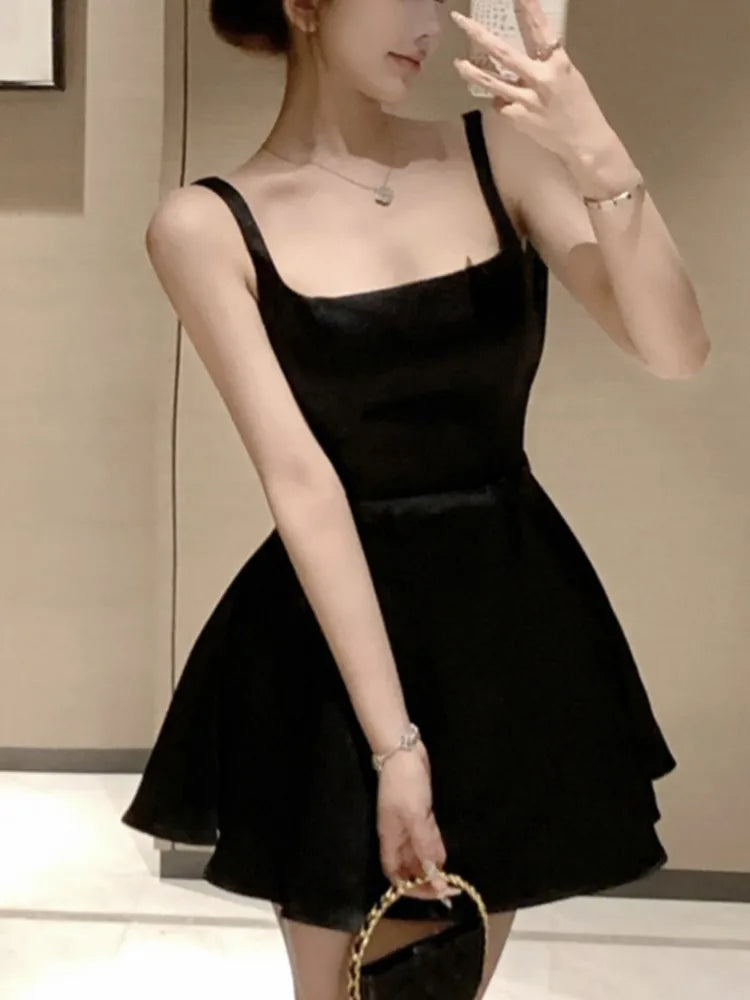 LBSFY -Elegant Vintage Sexy Satin Mini Dress Solid Square-Collar Slim Waist Ball Gown Korean Chic Evening Party Prom Female Clothes