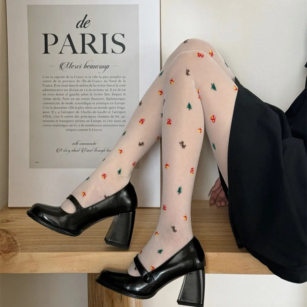 Lbsfy Sweet Jacquard Lolita Tights for Girls Japanese Sweet JK Students Pantyhose Women White Black Elastic Slim Leggings Stockings