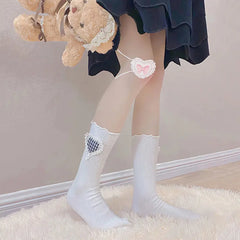 Lbsfy Socks Women Cotton Lolita Harajuku White Black Students Lovely Cute Kawaii Ruffle Calf Sock Love Female Grid Girls Gift Stocking