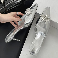 LBSFY -Rhinestone Pointed Toe Women Slippers Mule Shoes Elegant Spring Summer High Heels Zapatos De Mujer