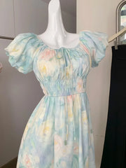 LBSFY -Women's Korean Print Elegant Long Dresses Summer New Elastic Puff Sleeveless Lace-up Dress 2025 Chic Holiday Vaaction Vestidos