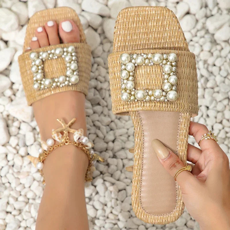 LBSFY -Summer Women Slippers Fashion String Bead Square Toe Flat Heels Casual Outdoor Beach Shoes Ladies Sandals