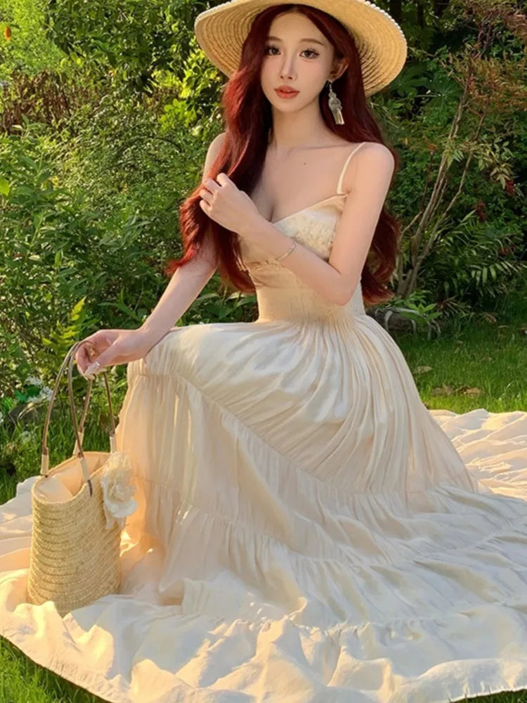 LBSFY -Elegant Fairy Chic Pleated Dresses Korean Patchwork Slim Waist A Line Sling Dress Women Princess Evening Vestidos Female Robe