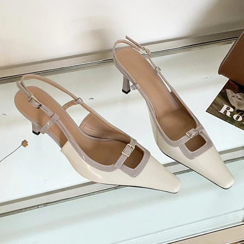 Lbsfy New Pointed Toe Mules Pumps Women Summer Square Toe Slingback High Heels Women Buckle Elegant Designer Dress Sandals Female