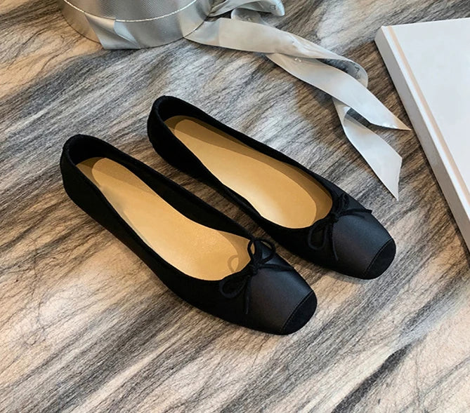 LBSFY -Fashion Design Silk Ballerinas Women Pumps Slip On Loafers Round Toe Square Heels Bowknot Casual Spring Autumn Shoes