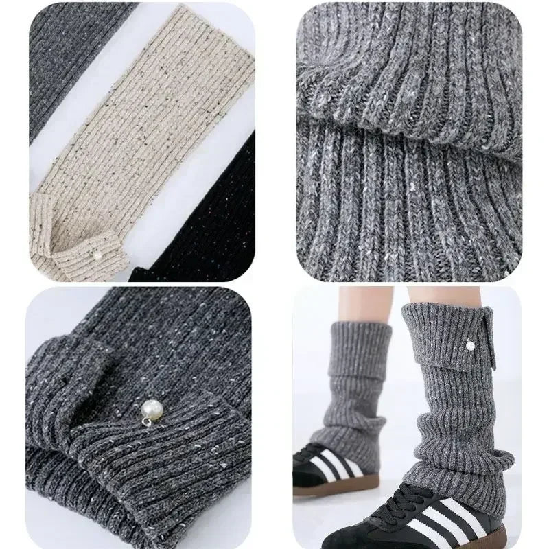Lbsfy Korea Women Pearl Button Wool Knitted Ankle Covers Leggings Socks Leg Warmers Winter Thickened Calf Socks Harajuku Leg Covers