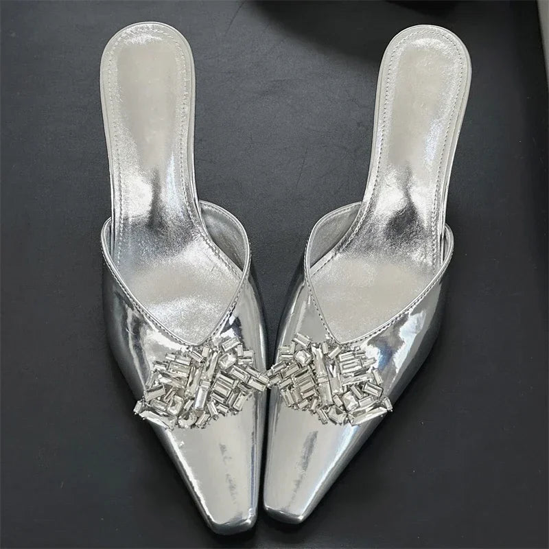 LBSFY -Rhinestone Pointed Toe Women Slippers Mule Shoes Elegant Spring Summer High Heels Zapatos De Mujer