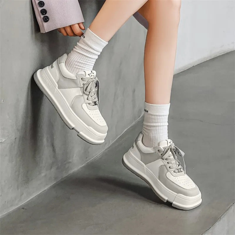 LBSFY  -  2024 New Genuine Leather Shoes Women Sneakers Lace Up Mixed Color Platform Shoes Spring Summer Ladies Footwear