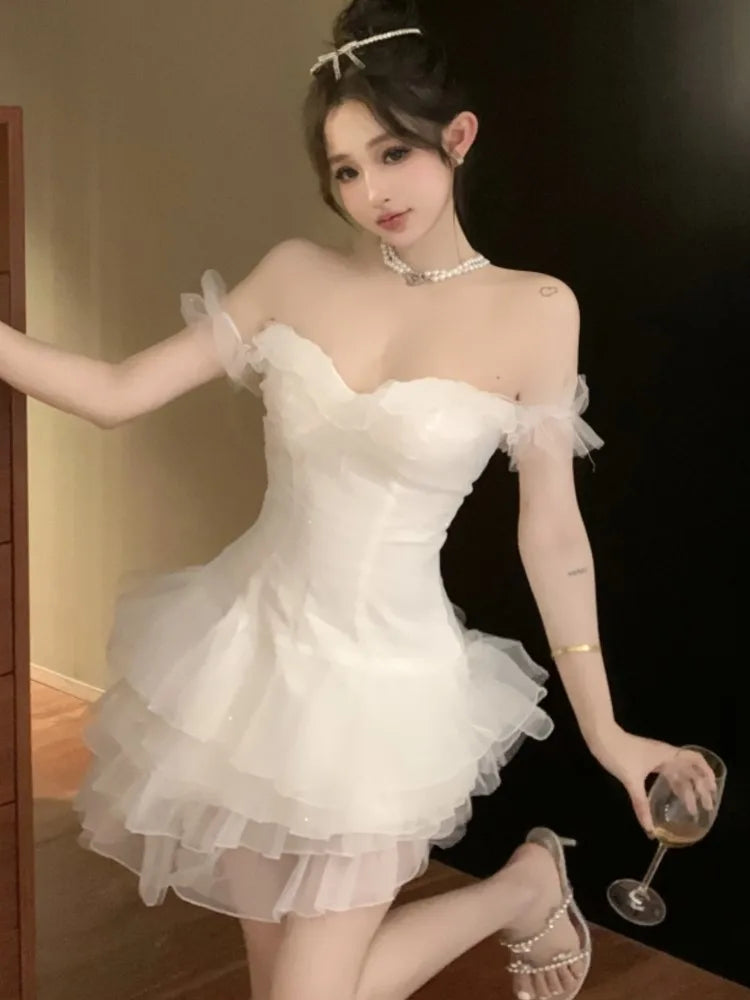 LBSFY -French Elegant White Mini Women's Cake Dresses Slash-Neck Strapless Mesh Sexy Dress Prom Female Clothes New Spring Summer 2025
