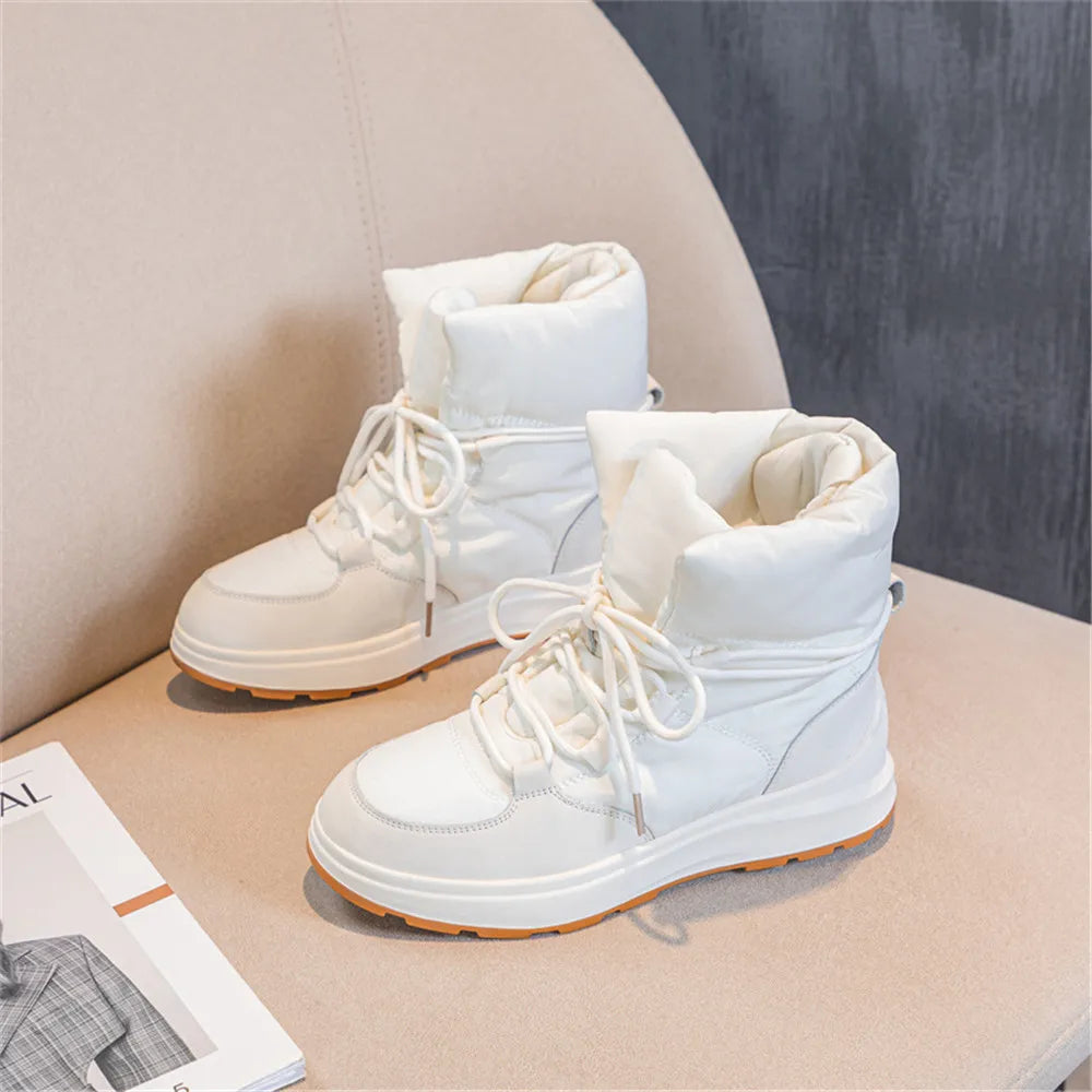 LBSFY  -  Fashion Women Leather Snow Boots Flats Platforms Warm Winter Ankle Boots Plush Windproof Shoes Woman Short Boots