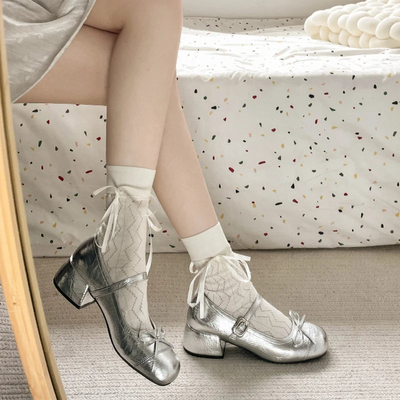 LBSFY -Ballet Style Butterfly-knot Mary Jane Shoes for Women Concise Dress Thick Heel Ladies Footwear